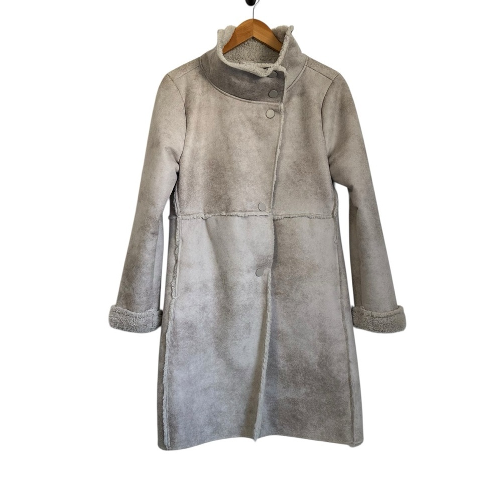Dylan Womans faux Suede Coat Sz Gray High Neck Sz XS Faux Fur Lining